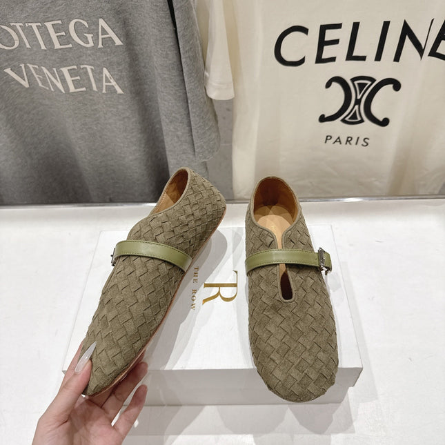 THE ROW 26S MARY JANE FLATS IN OLIVE BROWN SUEDE