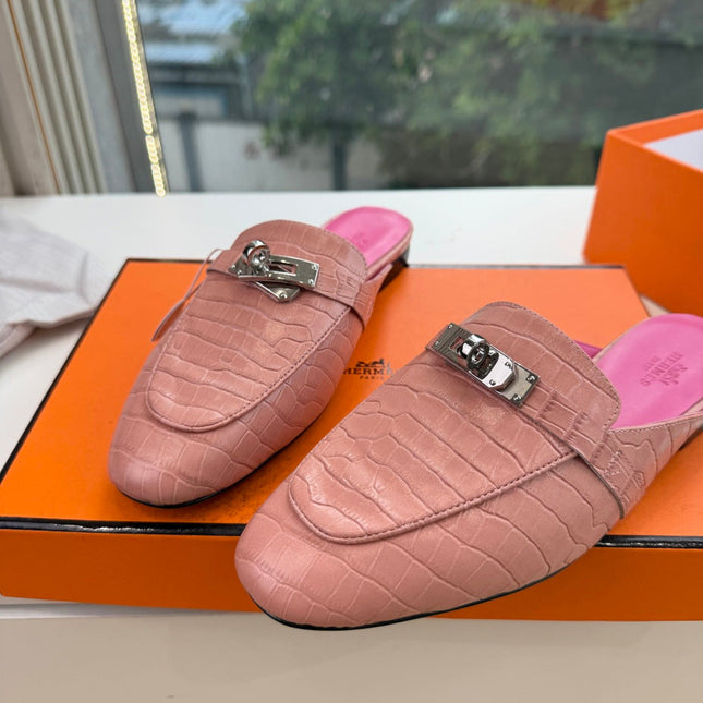 HM 26S DESTIN MULES IN PASTEL PINK CROCODILE-EFFECT LEATHER