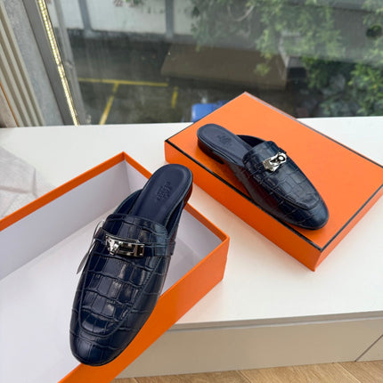 HM 26S DESTIN MULES IN NAVY BLUE CROCODILE-EFFECT LEATHER