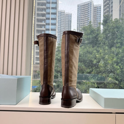 PRADA 26S BIKER BOOTS IN BEIGE CANVAS AND DARK BROWN CALFSKIN