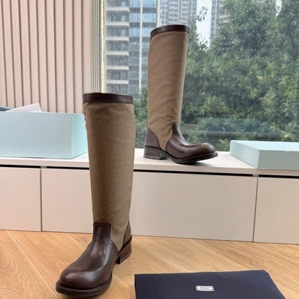 PRADA 26S BIKER BOOTS IN BEIGE CANVAS AND DARK BROWN CALFSKIN