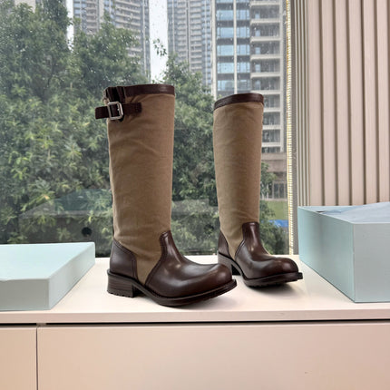 PRADA 26S BIKER BOOTS IN BEIGE CANVAS AND DARK BROWN CALFSKIN