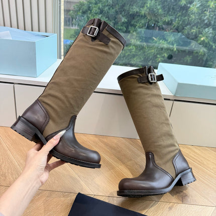 PRADA 26S BIKER BOOTS IN BEIGE CANVAS AND DARK BROWN CALFSKIN
