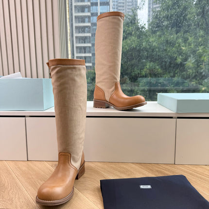 PRADA 26S BIKER BOOTS IN BEIGE CANVAS AND COGNAC BROWN CALFSKIN