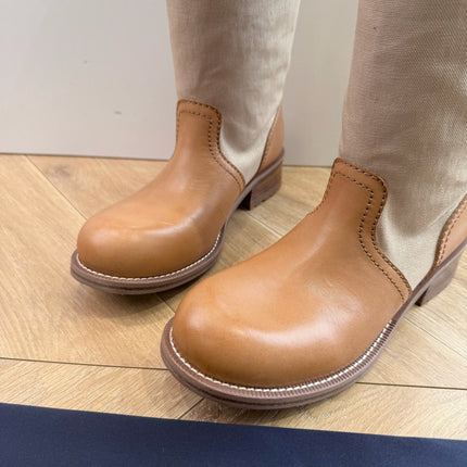 PRADA 26S BIKER BOOTS IN BEIGE CANVAS AND COGNAC BROWN CALFSKIN