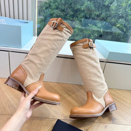 PRADA 26S BIKER BOOTS IN BEIGE CANVAS AND COGNAC BROWN CALFSKIN