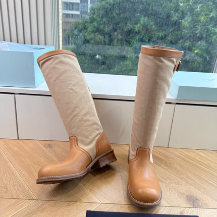 PRADA 26S BIKER BOOTS IN BEIGE CANVAS AND COGNAC BROWN CALFSKIN