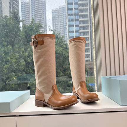 PRADA 26S BIKER BOOTS IN BEIGE CANVAS AND COGNAC BROWN CALFSKIN