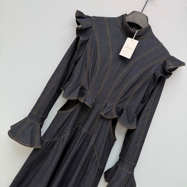 ZIMMERMANN 26S RUFFLED DENIM CUT-OUT MIDI DRESS STYLE 69