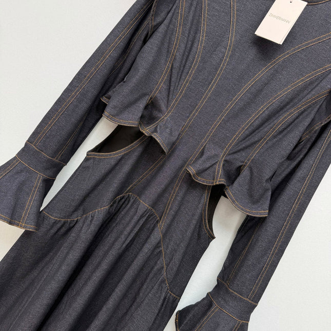 ZIMMERMANN 26S RUFFLED DENIM CUT-OUT MIDI DRESS STYLE 69