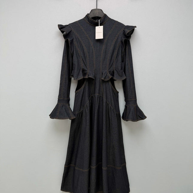 ZIMMERMANN 26S RUFFLED DENIM CUT-OUT MIDI DRESS STYLE 69