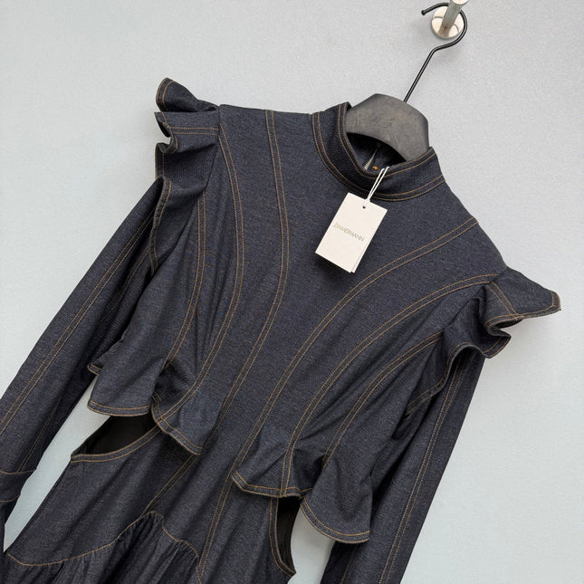 ZIMMERMANN 26S RUFFLED DENIM CUT-OUT MIDI DRESS STYLE 69