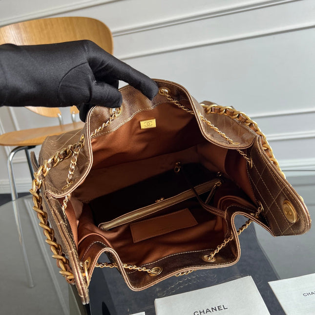 CHANEL 25S HOBO BAG 40 IN METALLIC BROWN CAVIAR WITH GOLD HARDWARE