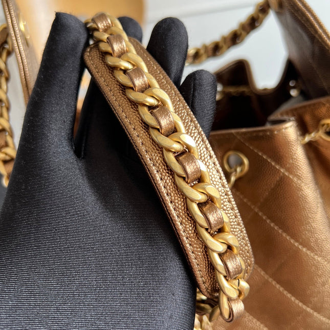 CHANEL 25S HOBO BAG 40 IN METALLIC BROWN CAVIAR WITH GOLD HARDWARE