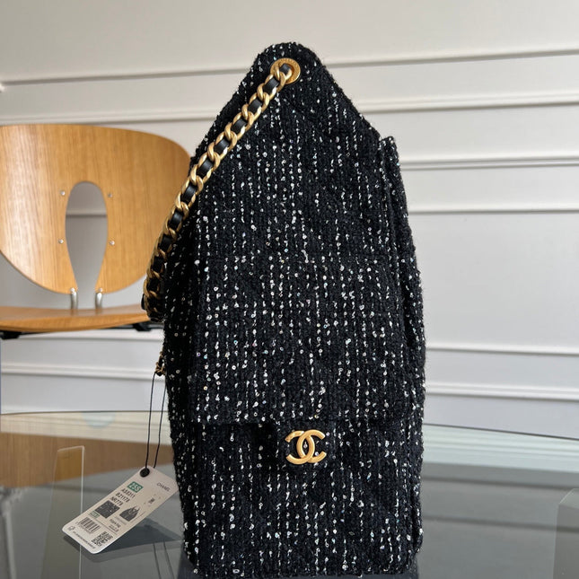 CHANEL 25S HOBO BAG 40 IN BLACK TWEED WITH GOLD HARDWARE