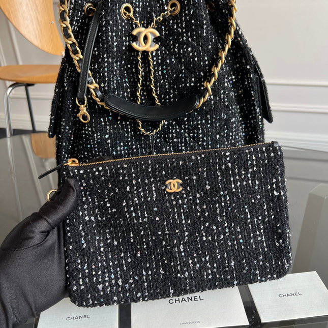 CHANEL 25S HOBO BAG 40 IN BLACK TWEED WITH GOLD HARDWARE
