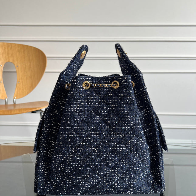 CHANEL 25S HOBO BAG 40 IN NAVY BLUE TWEED WITH GOLD HARDWARE