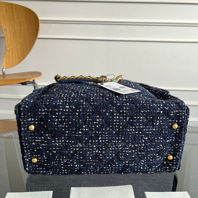 CHANEL 25S HOBO BAG 40 IN NAVY BLUE TWEED WITH GOLD HARDWARE