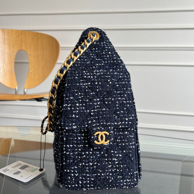 CHANEL 25S HOBO BAG 30 IN NAVY BLUE TWEED WITH GOLD HARDWARE