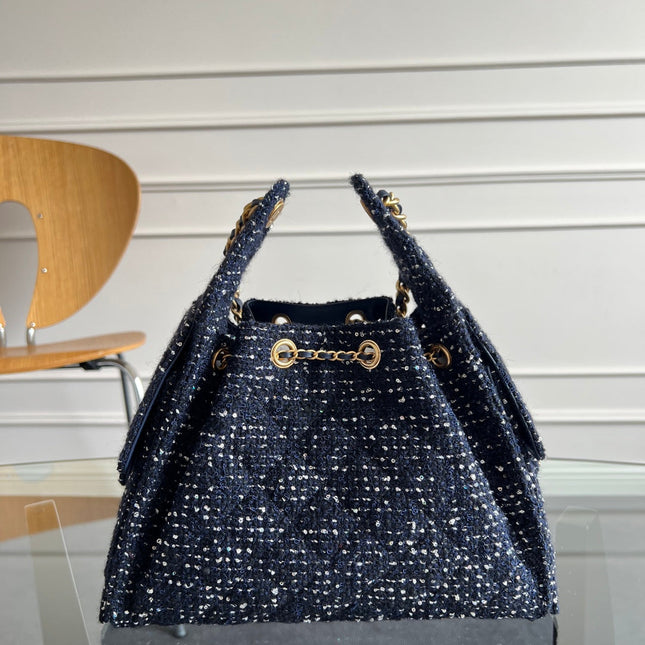 CHANEL 25S HOBO BAG 30 IN NAVY BLUE TWEED WITH GOLD HARDWARE