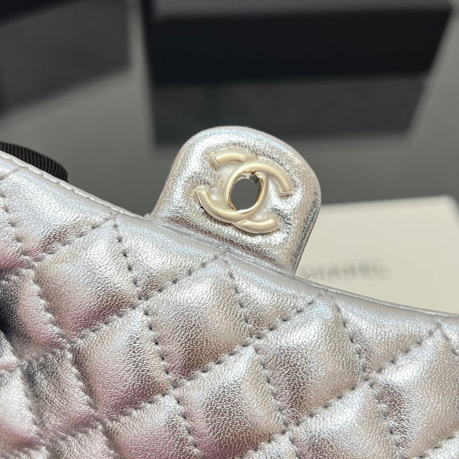 CHANEL 25S FLAP CHARM BAG 13 IN SILVER METALLIC LAMBSKIN