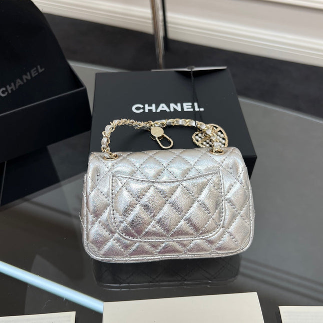 CHANEL 25S FLAP CHARM BAG 13 IN SILVER METALLIC LAMBSKIN
