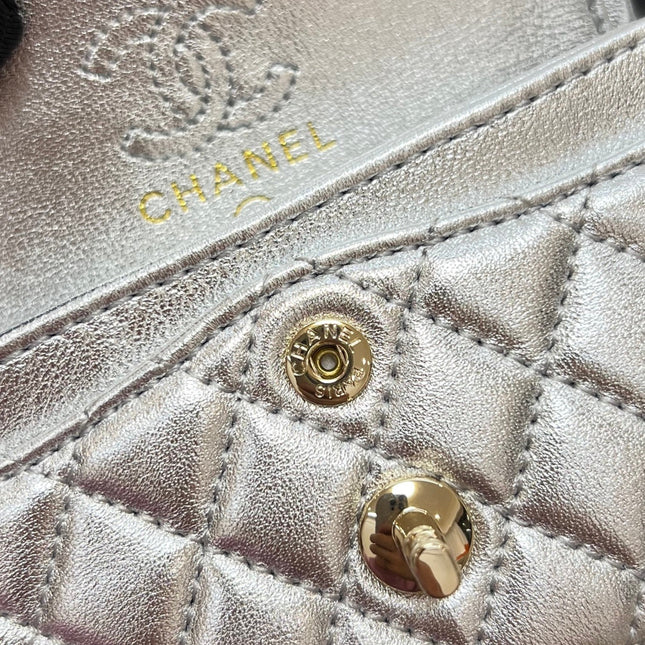 CHANEL 25S FLAP CHARM BAG 13 IN SILVER METALLIC LAMBSKIN