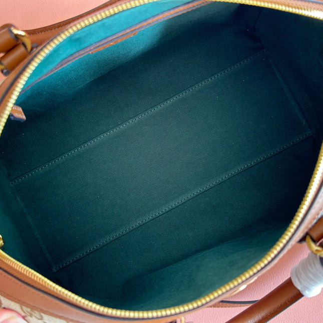GUCCI 26S OPHIDIA MEDIUM BOSTON BAG 30 IN WARM BEIGE AND BROWN CANVAS