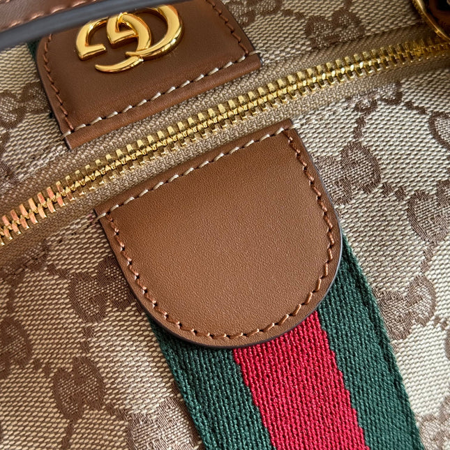 GUCCI 26S GIGLIO TOP HANDLE BAG 27 IN WARM BEIGE AND BROWN CANVAS