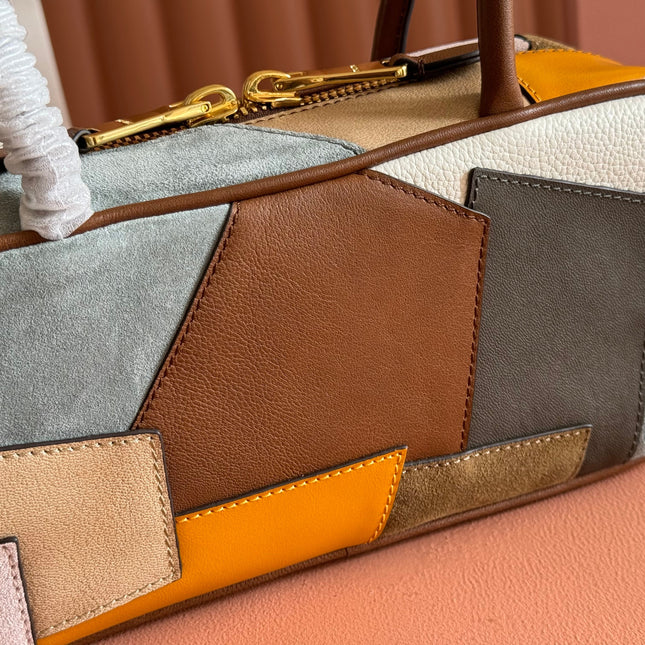 MIUMIU 26S BEAU TOP HANDLE BAG 28 IN COGNAC LEATHER PATCHWORK GOLD HARDWARE