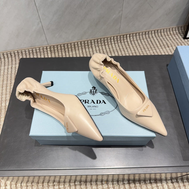 PRADA 26S POINTED TOE PUMPS 55MM IN NUDE SHEEPSKIN WITH LOGO