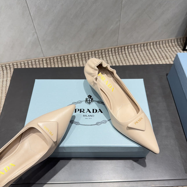 PRADA 26S POINTED TOE PUMPS 55MM IN NUDE SHEEPSKIN WITH LOGO