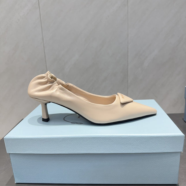 PRADA 26S POINTED TOE PUMPS 55MM IN NUDE SHEEPSKIN WITH LOGO