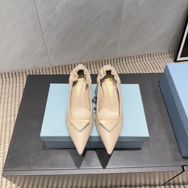 PRADA 26S POINTED TOE PUMPS 55MM IN NUDE SHEEPSKIN WITH LOGO