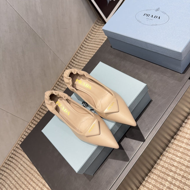 PRADA 26S POINTED TOE PUMPS 55MM IN NUDE SHEEPSKIN WITH LOGO