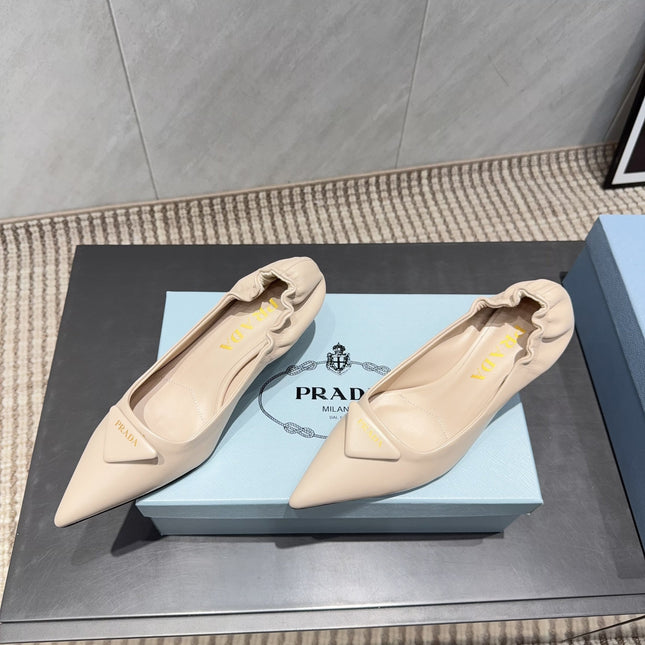 PRADA 26S POINTED TOE PUMPS 55MM IN NUDE SHEEPSKIN WITH LOGO