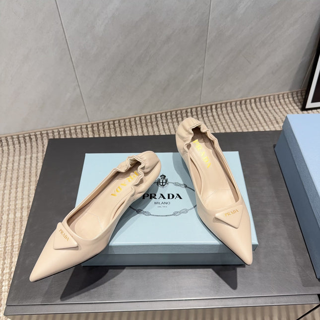 PRADA 26S POINTED TOE PUMPS 55MM IN NUDE SHEEPSKIN WITH LOGO