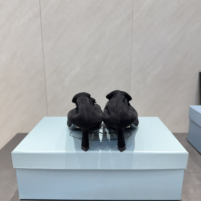 PRADA 26S PUMPS 55MM IN BLACK SUEDE WITH LOGO