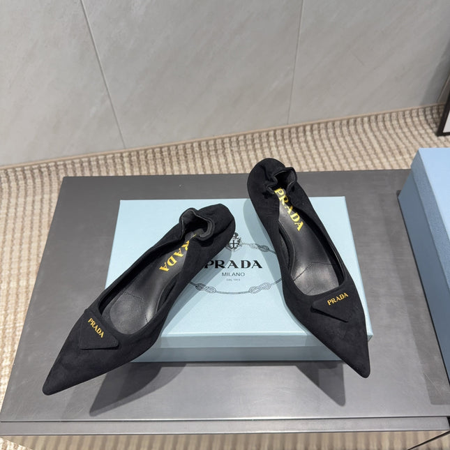 PRADA 26S PUMPS 55MM IN BLACK SUEDE WITH LOGO