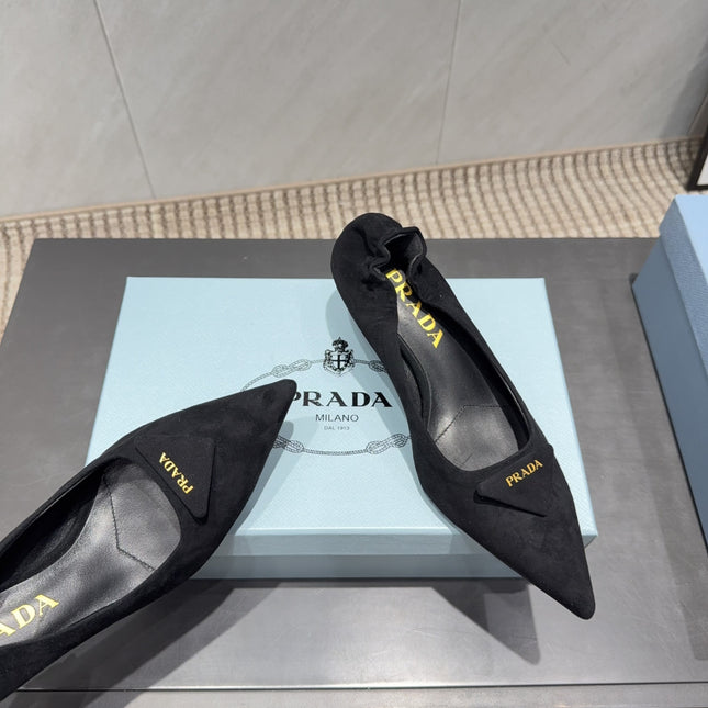 PRADA 26S PUMPS 55MM IN BLACK SUEDE WITH LOGO