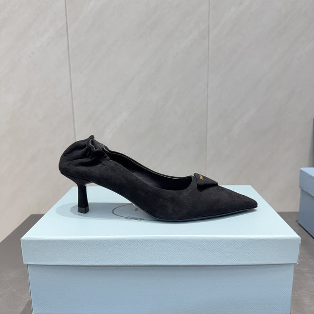 PRADA 26S PUMPS 55MM IN BLACK SUEDE WITH LOGO