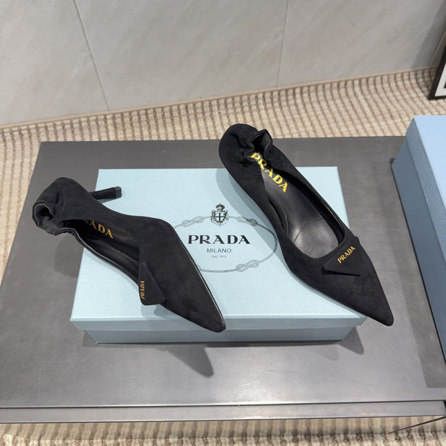 PRADA 26S PUMPS 55MM IN BLACK SUEDE WITH LOGO