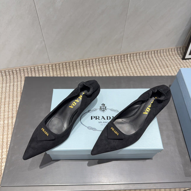 PRADA 26S PUMPS 55MM IN BLACK SUEDE WITH LOGO