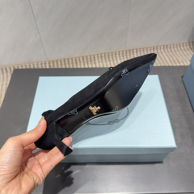 PRADA 26S PUMPS 55MM IN BLACK SUEDE WITH LOGO