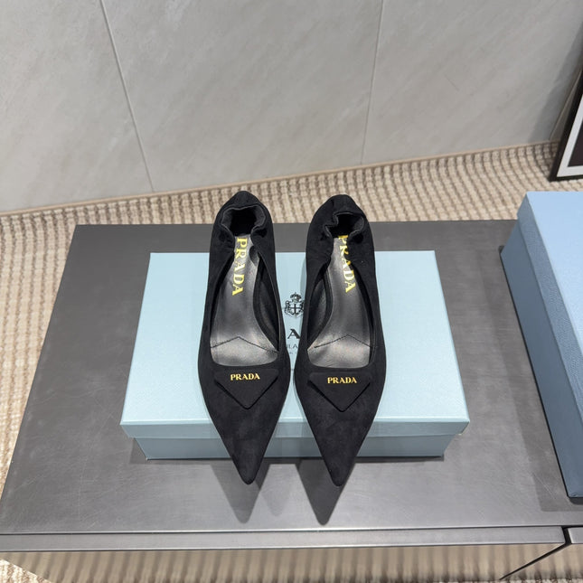 PRADA 26S PUMPS 55MM IN BLACK SUEDE WITH LOGO