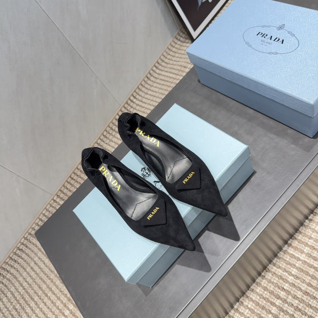 PRADA 26S PUMPS 55MM IN BLACK SUEDE WITH LOGO