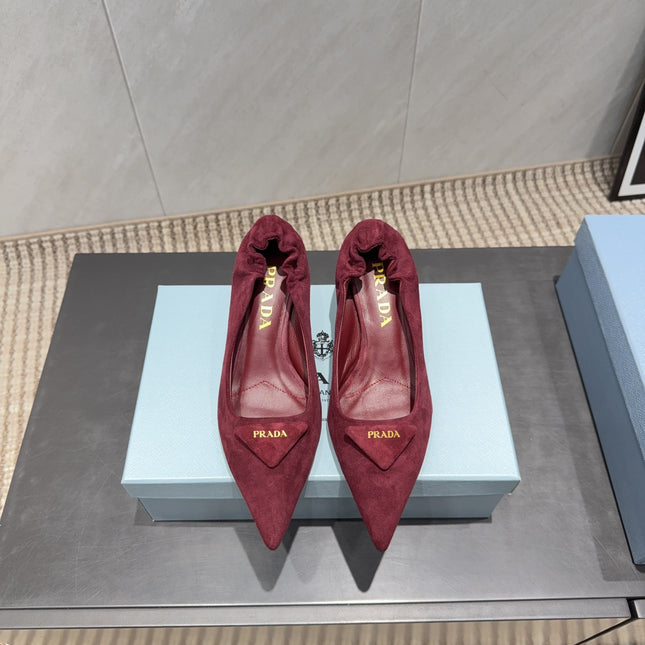 PRADA 26S PUMPS 55MM IN DARK RED SUEDE WITH LOGO
