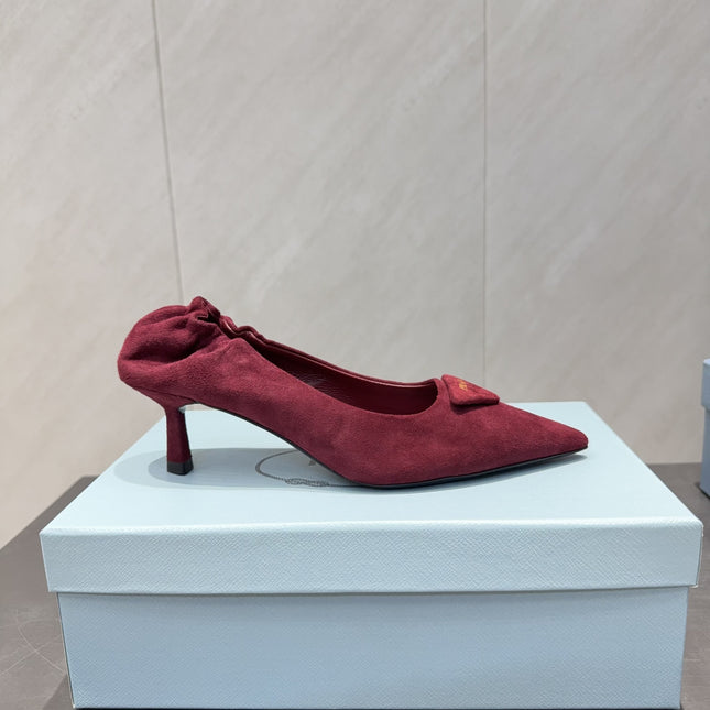 PRADA 26S PUMPS 55MM IN DARK RED SUEDE WITH LOGO