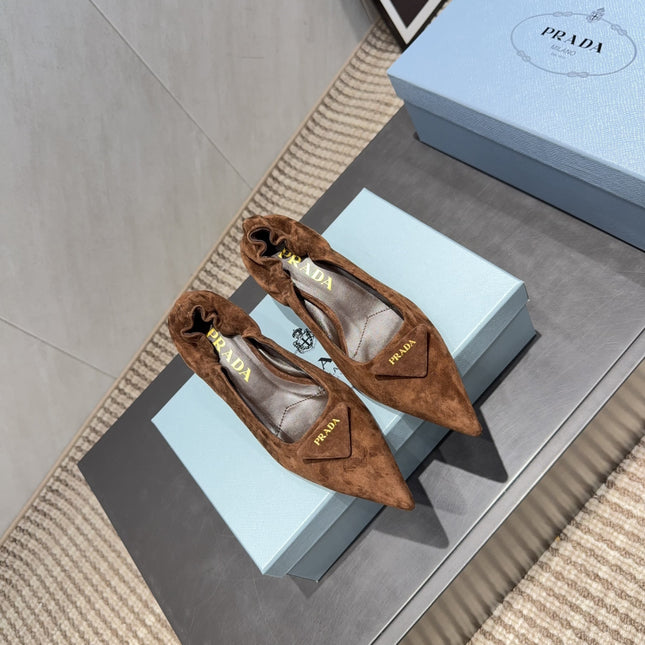 PRADA 26S PUMPS 55MM IN BROWN SUEDE WITH LOGO
