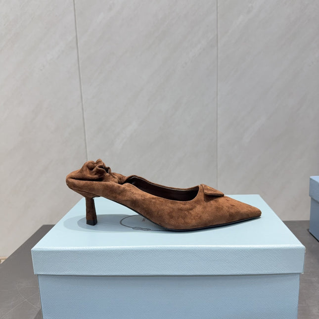 PRADA 26S PUMPS 55MM IN BROWN SUEDE WITH LOGO